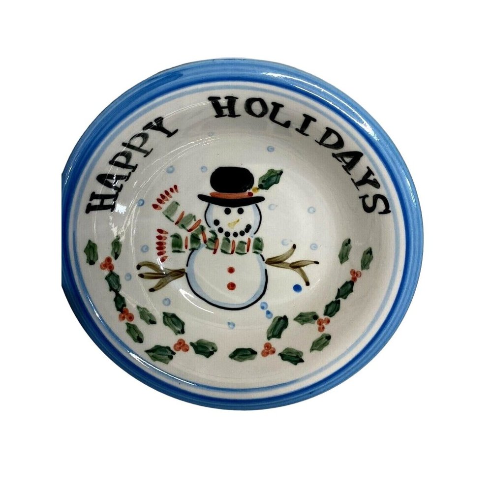 Emerald “Happy Holidays” Christmas Holiday Winter Blue Trimmed Snowman 8” Bowl